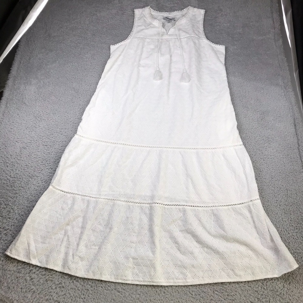 Tommy Bahama Eyelet Midi Dress Womens L White Cotton Tiered Coastal Resort Beach